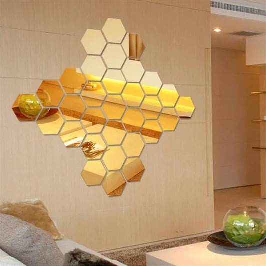 Golden Hex Mirror Wall Art Set – 12Pcs (4X4 Inch)