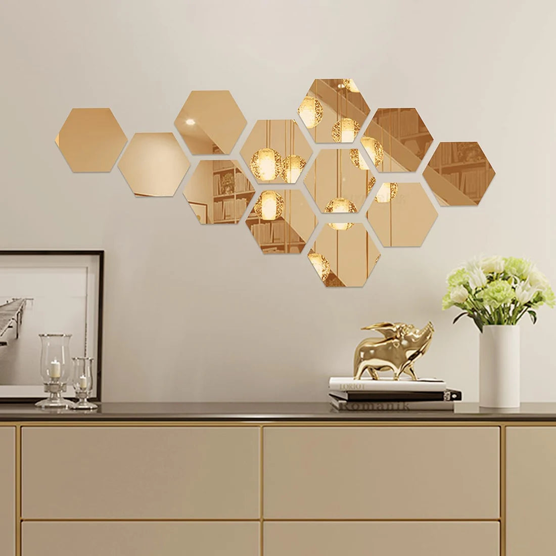 Golden Hex Mirror Wall Art Set – 12Pcs (4X4 Inch)