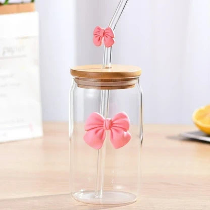 Cute Bow Glass Tumbler With Wooden Lid & Glass Straw