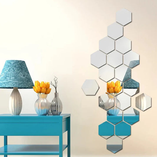 12 Pcs Glimmer Hex Silver Wall Mirror Set (4x4 inch)
