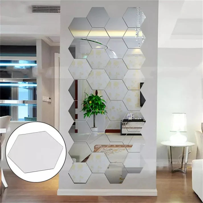 12 Pcs Glimmer Hex Silver Wall Mirror Set (4x4 inch)
