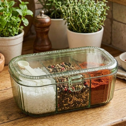 3-Compartment Masala Storage Box – Spice Organizer with Spoon and Cover