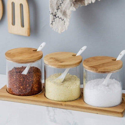 3 Piece Clear Glass Seasoning & Spice Jar Set With Bamboo Lid