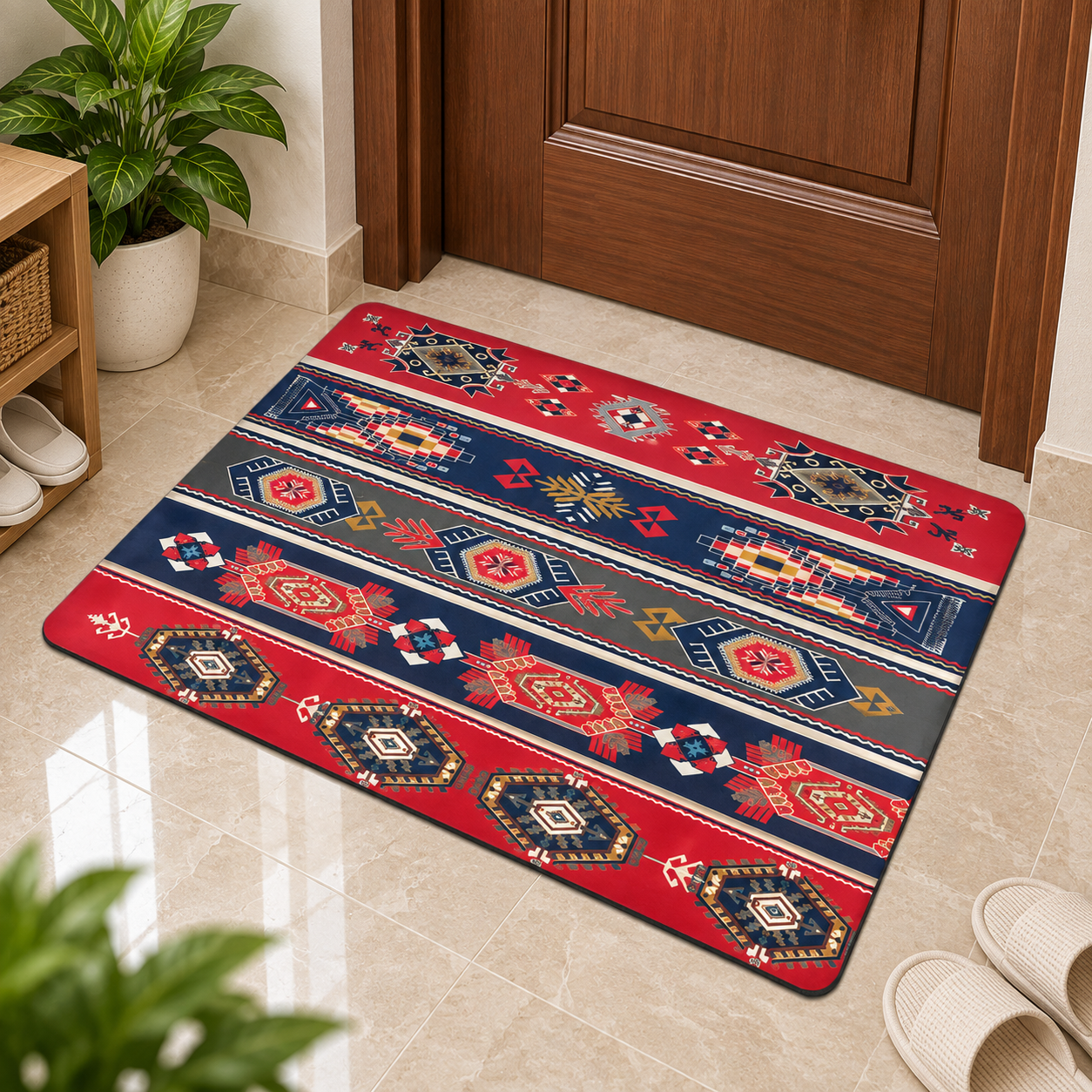 Blue Geometric Tribal Pattern 22x15 Inch Durable Water Resistant Floor Mat