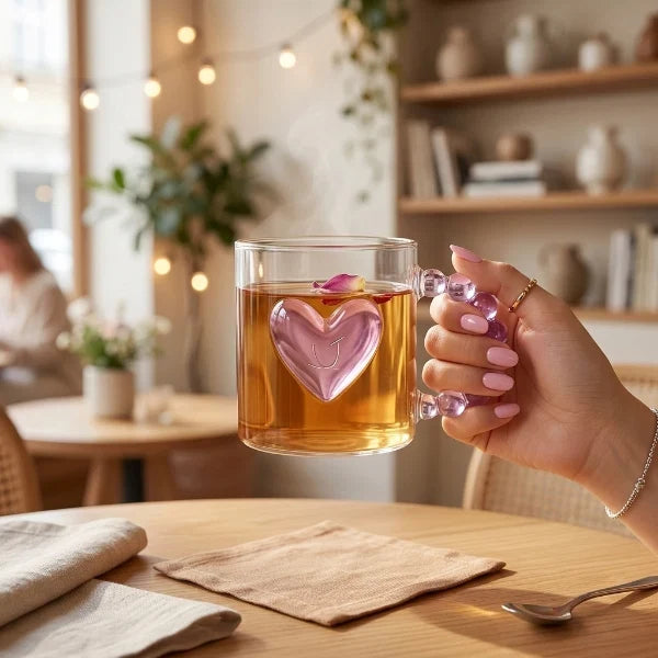 Cute Heart Glass Mug with Decorative Bead Handle – Perfect Gift for Her