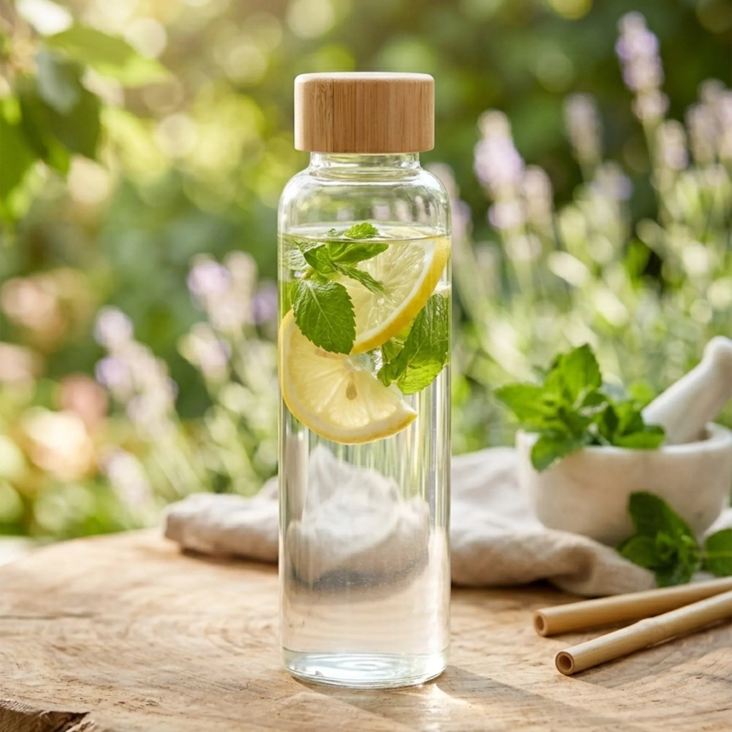 Elegant 500ML Glass Bottle – Cylinder Shape with Natural Wooden Lid