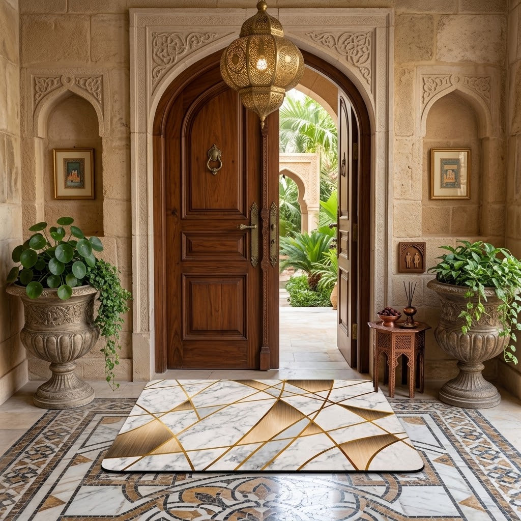 Elegant White & Gold Floor Mat – Premium Marble Pattern Decorative Mat for Home