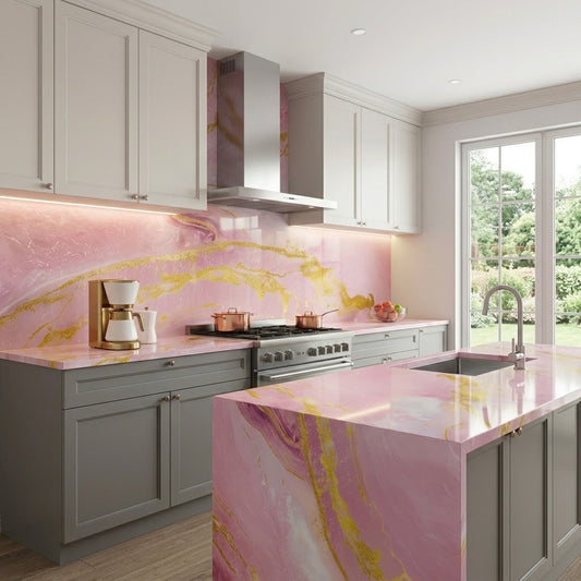 Glossy Pink & Gold Decorative Wall Marble Sheet (60 × 200cm)