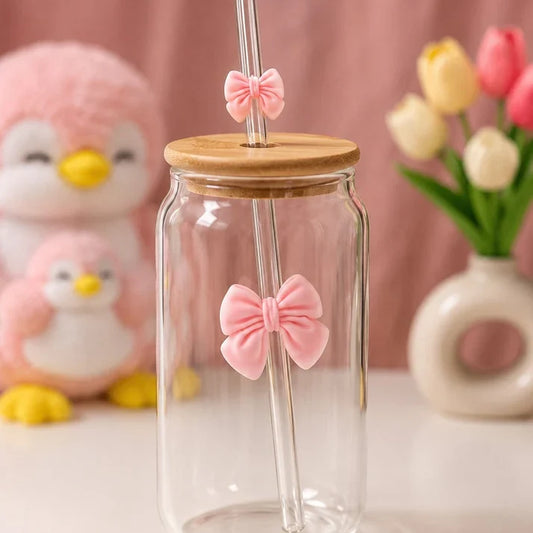 Cute Bow Glass Tumbler With Wooden Lid & Glass Straw