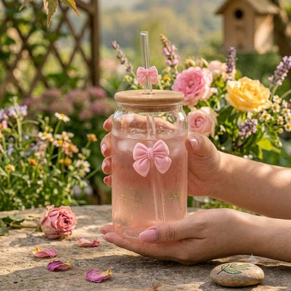Reusable Glass Tumbler with Bamboo Lid & Pink Bow Glass Straw