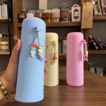 Reusable Pastel Glass Water Bottle – Ribbed Silicone Sleeve & Trendy Beaded Strap