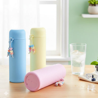 Reusable Pastel Glass Water Bottle – Ribbed Silicone Sleeve & Trendy Beaded Strap
