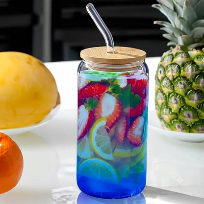 Premium Glass Tumbler With Bamboo Lid & Glass Straw (Random Color)