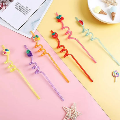 4 Pcs Reusable Funny Cartoon Spiral Drinking Straw(Random Design)